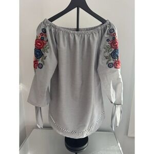 Avani Women‎ Black White Gingham Embroidered Off Shoulder Top Boho Cotton Sz S